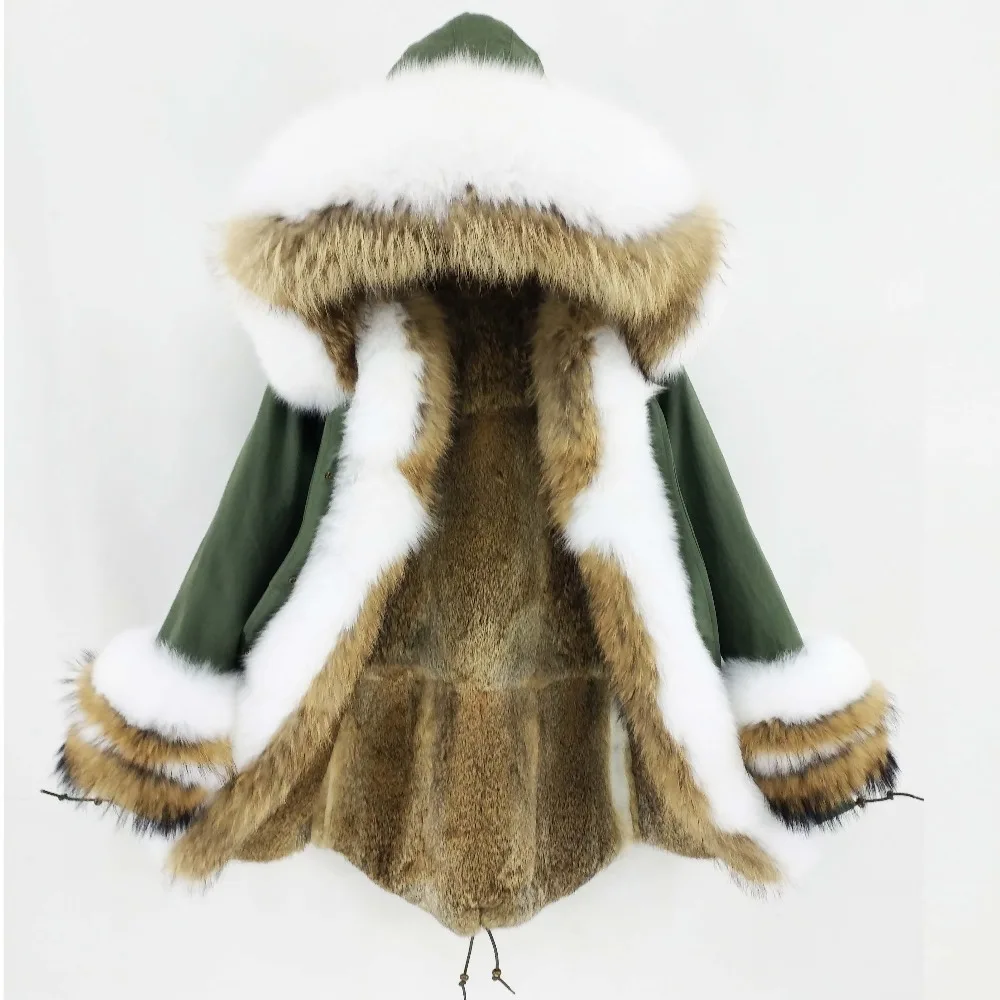 Длинная парка из натурального меха пальто из енота, лисы меховой капюшон, воротник манжеты кролик лайнер верхняя одежда новая зимняя куртка для женщин