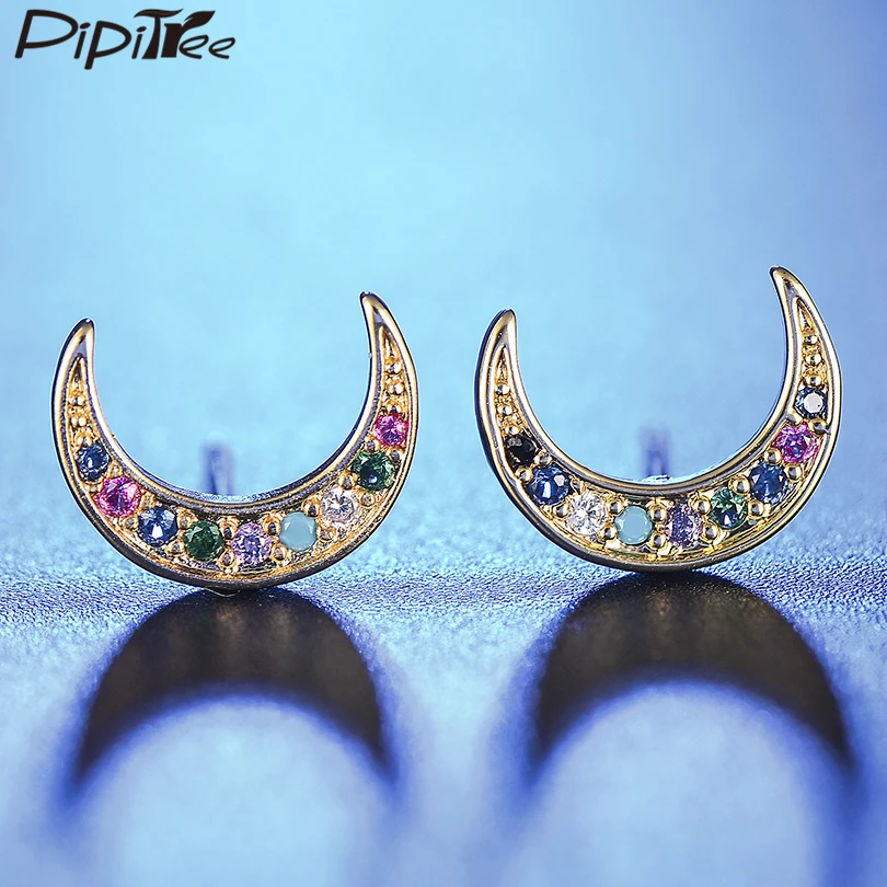 Pipitree, модные серьги-гвоздики в виде Луны для женщин и девочек, медные серьги в стиле панк с несколькими кубическими циркониями, ювелирные изделия для костюмированной вечеринки, серьги-гвоздики