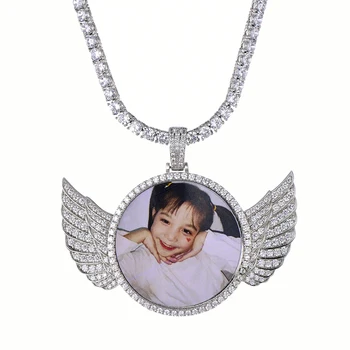 

US7 Custom Made Photo Wings Medallions Pendant&Necklaces With Tennis Chain Cubic Zircon Men's Hip Hop Jewelry