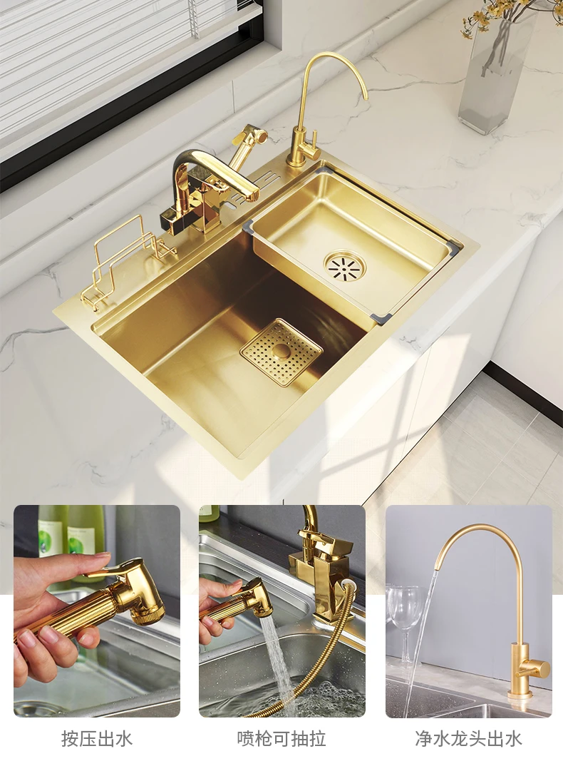 Kitchen sink brushed gold 304 stainless steel with knife holder ladder handmade single bowl gold drainer large size