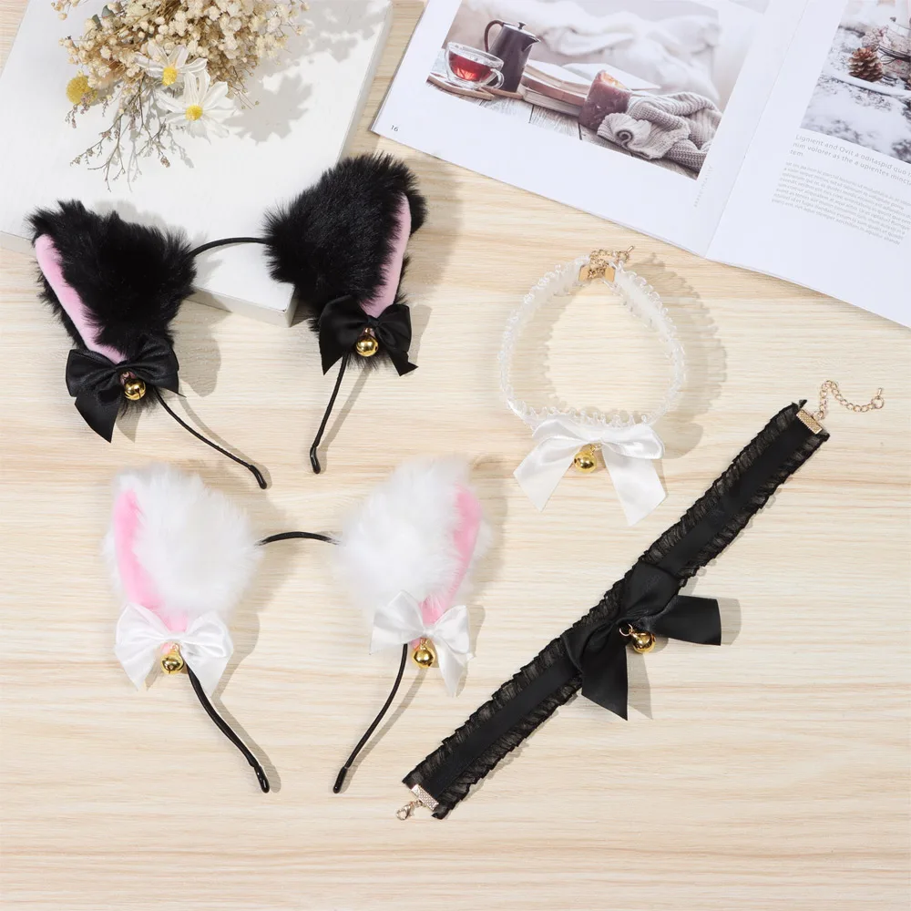 Cat Ear Headband Necklace Plush Furry Cat Ears Headwear for Women Girls Party Cosplay 1Set costume headband