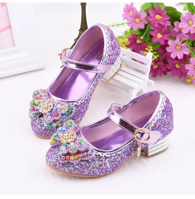 Children Princess Leather Shoes student dance shoes Girls High Heel Sandals Dress Kids Leather Glitter Crystal Shoes Banquet