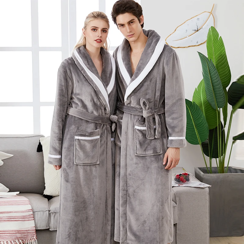 

2019 New Winter Bathrobe For Men Women Warm Soft Comfortable Long Flannel Bath Robe Female Stitching Edge Home Dressing Gown