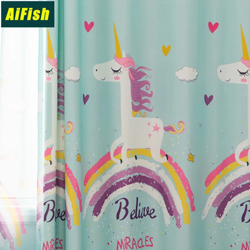 

Cartoon Curtain for Girl Bedroom Rainbow unicorn Design Printed Lake Blue Sheer Tulle Curtain Blackout Children Curtain M173T2