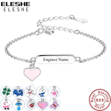 ELESHE, персонализированные именные браслеты для детей, на заказ, розовое эмалированное сердце, очаровательный браслет, гравировка, 925 пробы, Серебряное ювелирное изделие, подарок