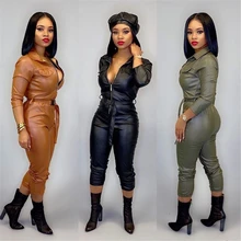 pu leather Autumn Skinny Jumpsuit Women Leather Sexy Bandage Romper Zipper Long Sleeve Party Overalls With Belt Outfits Female