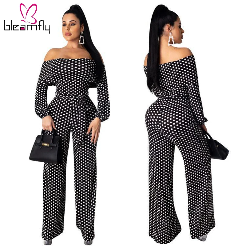 off the shoulder polka dot jumpsuit