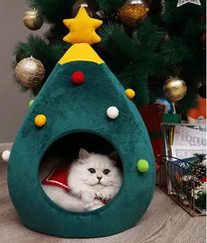 

Cat Foldable Christmas tree Shape House Cute Cozy Winter Warm Kitty Cave Soft Animals Puppy Sleeping Mat Bed Cat Supplies