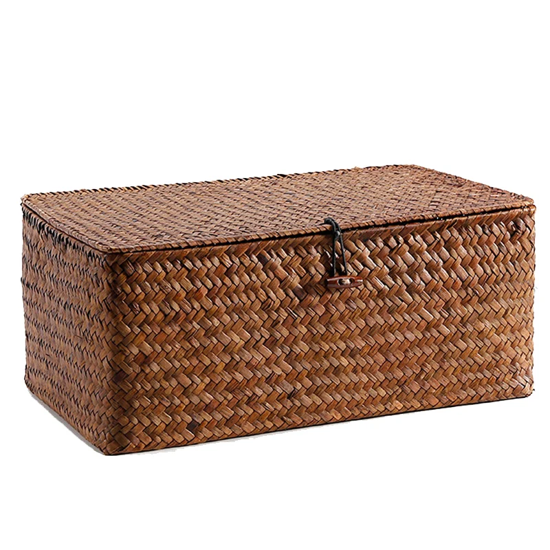 Handmade straw storage basket desktop debris covered rattan storage box home organization and storage woven basket ZP7181505