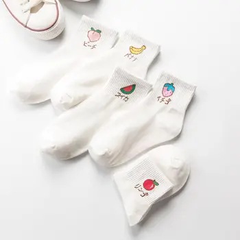 

Cute Women Socks White Cotton Lovely Cartoon Fruit Pink Strawberry Banana Peach Banana Long Socks Kawaii Funny Sock Happy Korean
