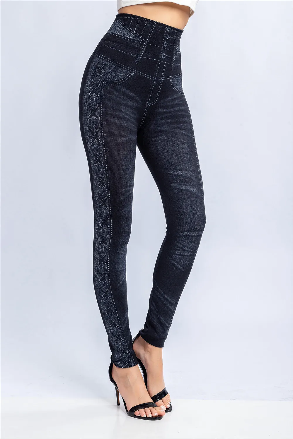 faux leather leggings Plus Size 3XL High Waist Faux Denim Jean Leggings Slim Elastic Seamless Skinny Pencil Pant Female Workout Running Leggings grey leggings Leggings