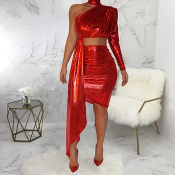 

Sexy One Shoulder Two Pieces Set Elastic Crop Tops Bodycon Pants Clubwear Night Date Out Occasion Event Female 2 Pieces Suits
