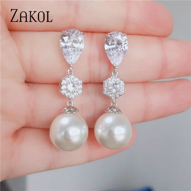 ZAKOL изысканный фианит искусственный жемчуг Простые Модные серьги для женщин свадебный ужин подарок на день рождения ювелирные изделия FSEP2389