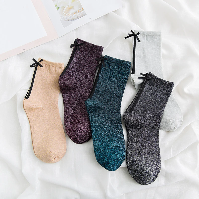 Elegant Lady Women Bow Glitter Cotton Socks Shiny Happy Sock Funny Cute Solid Fashion Silk Harajuku Soft Elastic Hosiery|Носки| |