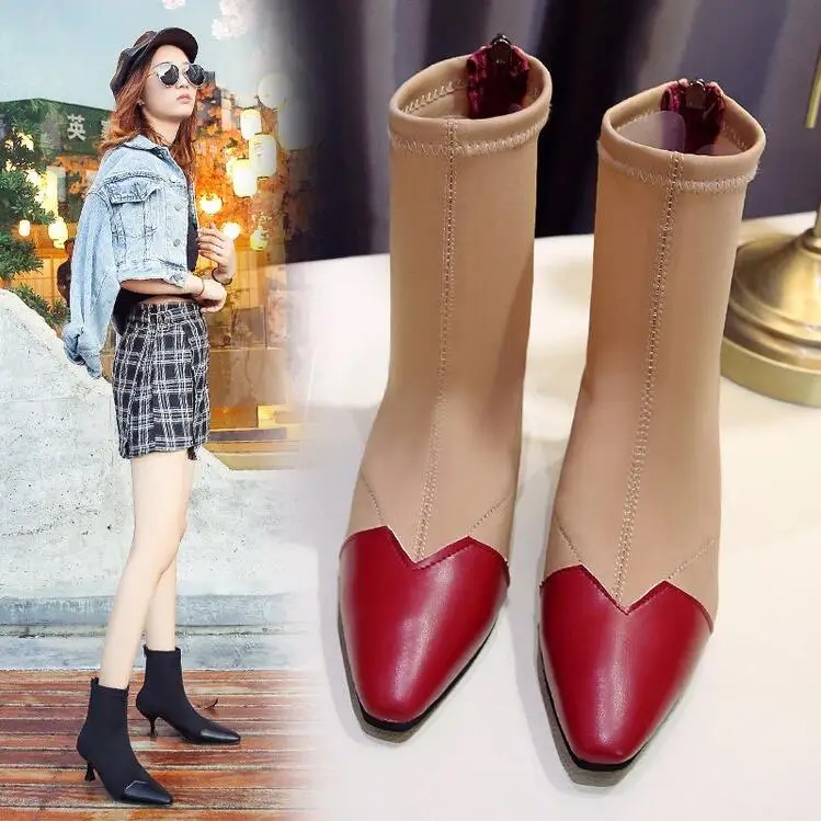 

Ankle Boots Women Shoes Woman Boots Fashion Thin High-heeled PU Elastic Cloth Stitching Boots 2019 Autumn New Short Boots B20