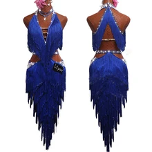Новинка, платье для соревнований латинских танцев, v-образный вырез, v-образный вырез, платья для выступлений, юбки для танцев, синее платье с бахромой, Одежда для танцев для женщин BL2549
