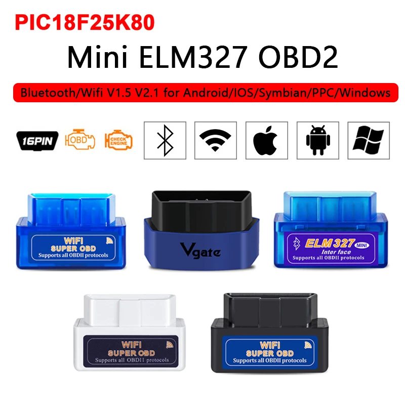 

ELM327 OBD2 Bluetooth/Wifi V1.5/2.1 PIC18F25K80 Car Code Reader Diagnostic Tool Auto Scanner Professional for Android/Symbian/PC