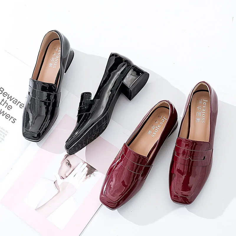 

Zehua jiang xin 2019 Spring Square Head Semi-high Heeled Patent Leather Loafers College Chunky-Heel Deep-mouth Thin Shoes WOMEN'