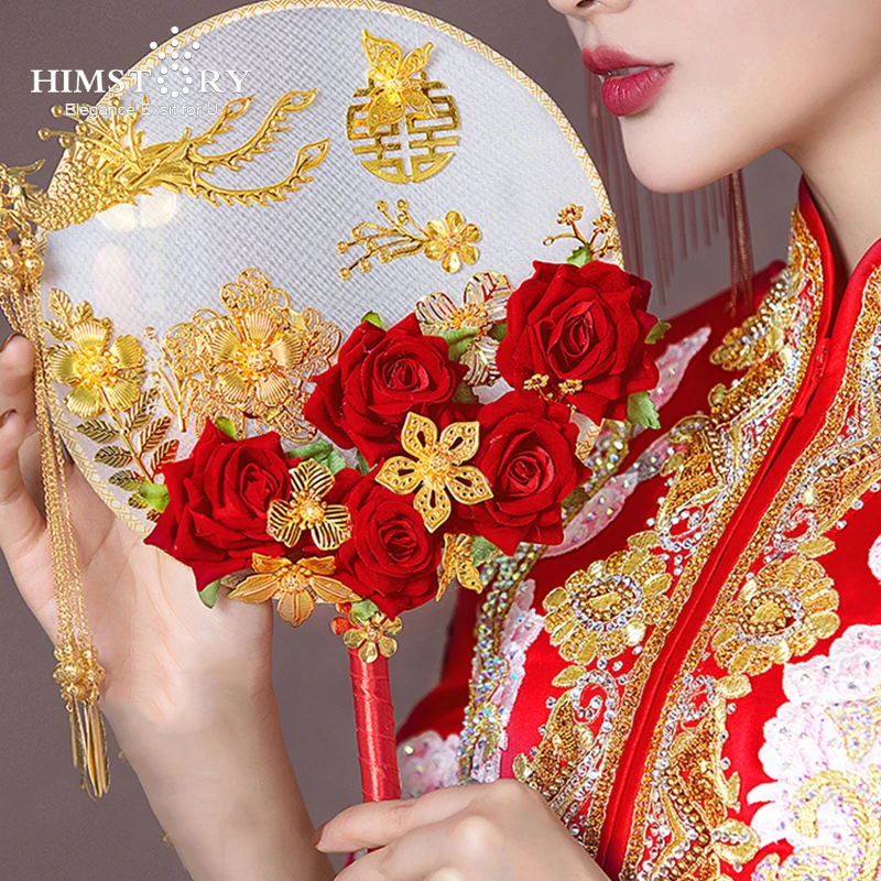 HIMSTORY Bride Buket Red Roses Flower Bridal Fan Chinese Style Long Tassel Phoenix Wedding Bouquet Ancient Gold Hand  Accessorie