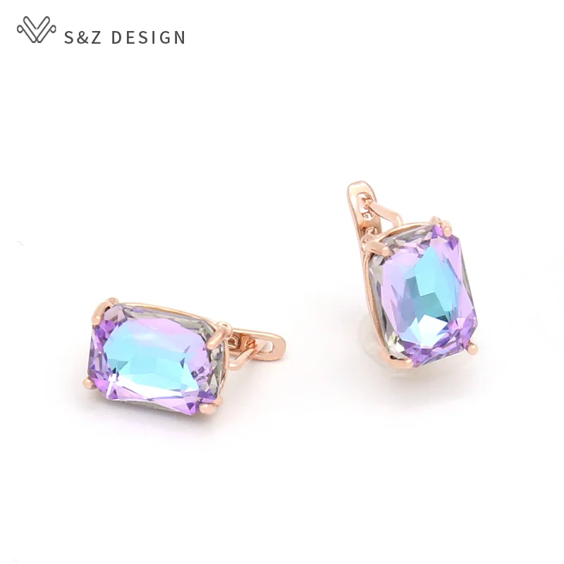S&Z DESIGN New Fashion Fine Rectangular Crystal Dangle Earrings For Women 585 Rose Gold Color Wedding Jewelry