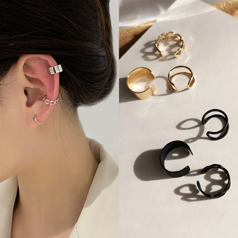 Pendientes de Clip de oro de diseño Simple para mujer, aretes de Clip de oro sin perforación, Puck Rock, Vintage, oreja de cartílago falso, regalo de joyería