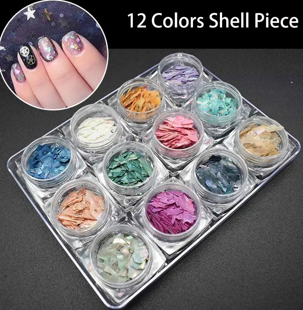 ENASUI 12 Boxes/set 3D Charm Nail Art Decorations Seashell Pieces Flake Slice Sequins Fragment Beautiful Abalone Shell Piece