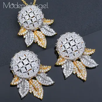 

ModemAngel Luxury Pineapple trendy Wedding 2PCS NECKLACE EARRING Sets For Women Accessories Full Cubic Zirconia Earrings Jewelry