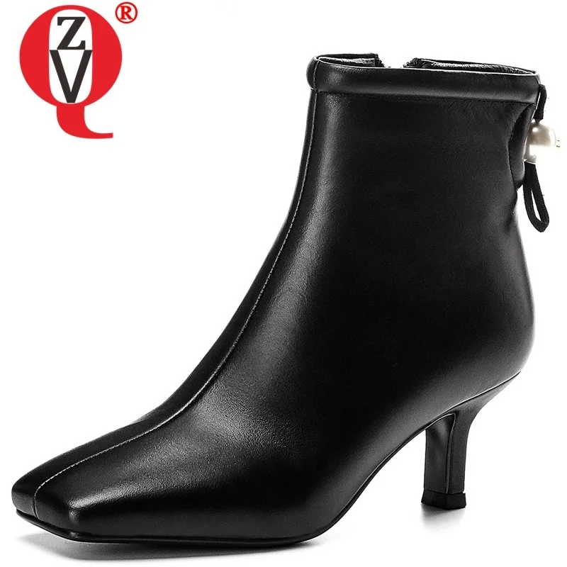 

ZVQ winter new fashion ankle boots outside high heels square toe pearl zip handmade genuine leather women shoes drop shipping