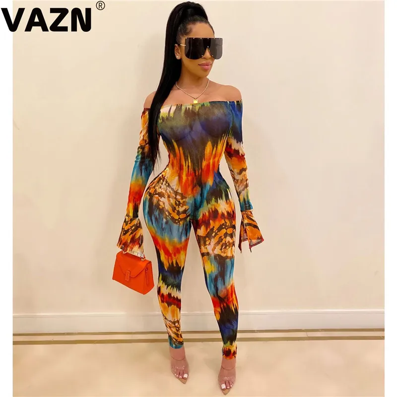 VAZN YS6108 новые необычные прозрачные сексуальные вечерние винтажные женские эластичные обтягивающие длинные комбинезоны с длинным рукавом и вырезом лодочкой и высокой талией - Цвет: Light blue
