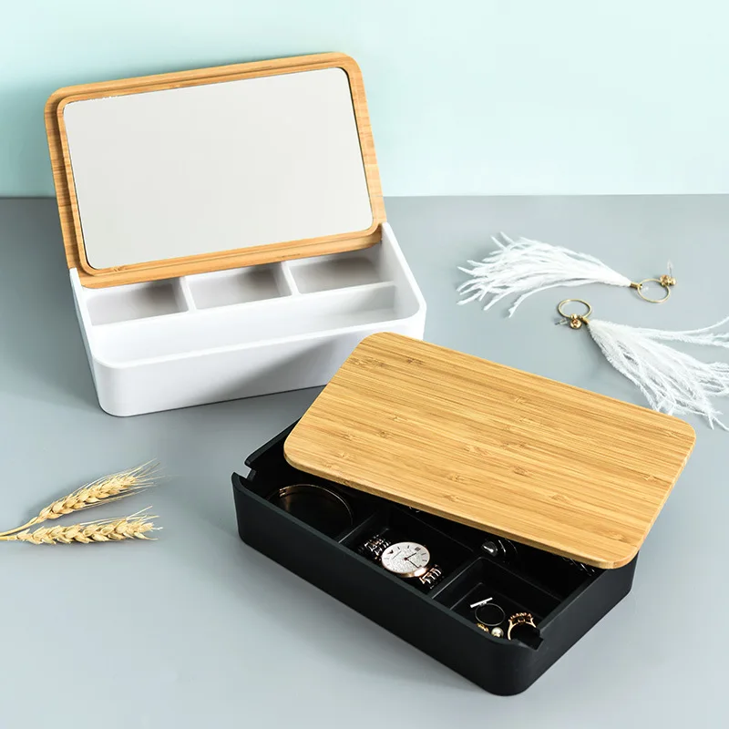 

Plastic Makeup Organizer with mirror lid Jewelry Box watch Cosmetic Organizer Ring Lipstick Rack Necklace Display Organizer