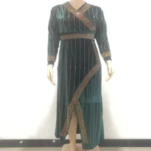 

Sexy dress Woman Dress Velvet Warm Soft Newest Design Elegant Belt Detailed Islamic Muslim Abaya Dress Shinny Diamond Plus Size