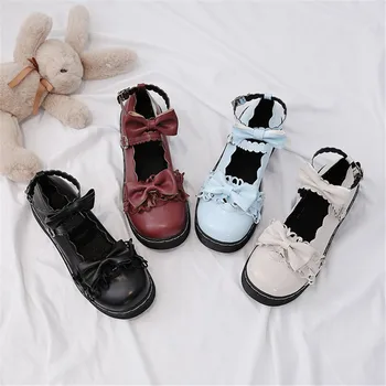 

Anime lovelive girl sweet lolita JK Maid shoes round head thick heel women shoes cute lace ruffle bowknot shoes cosplay