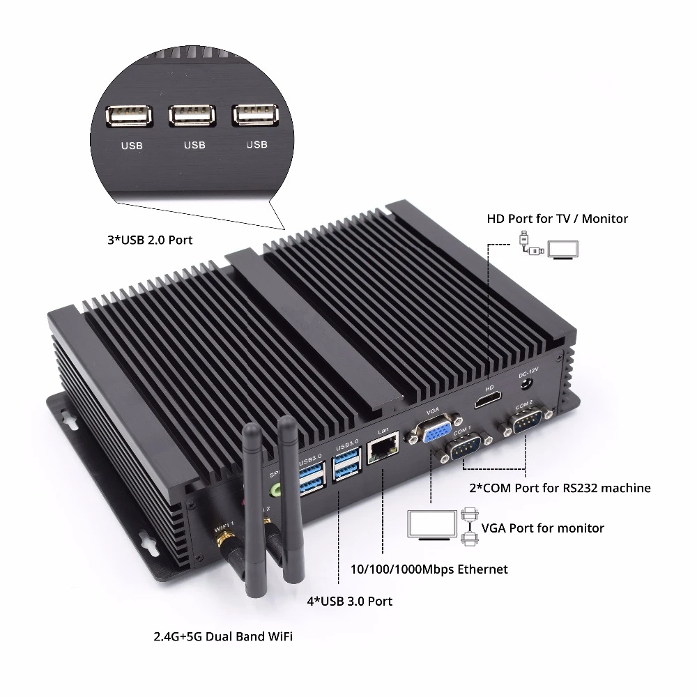 Безвентиляторный мини компьютер с Intel i7 8565U i5 8250U i3 5005U 1 HDMI 1VGA 1LAN 4USB 3 0 2COM Windows 10 Pro