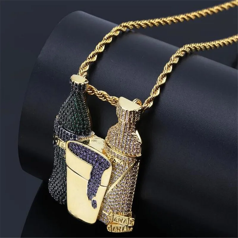 

Shiny Wine Bottle Purple Cup Multicolor Combo Pendant Necklace Iced Out Cubic Zircon Men Hip Hop Jewelry B264