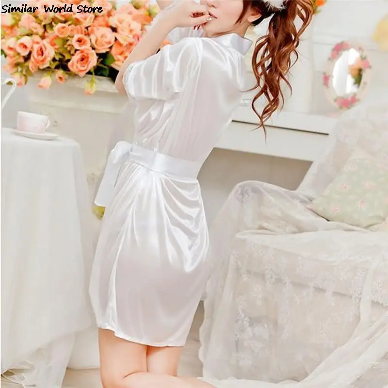 Women Satin Nightgown Sexy Lace Sleepwear Strap Ladies Silk Nightwear Lingerie Dress Deep V Neck Three Quarter Length Sleeve