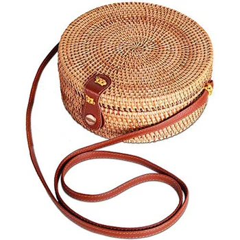 

Round Rattan Bag for Women,Handmade Woven Circle Purse Handbag with Shoulder Leather Straps