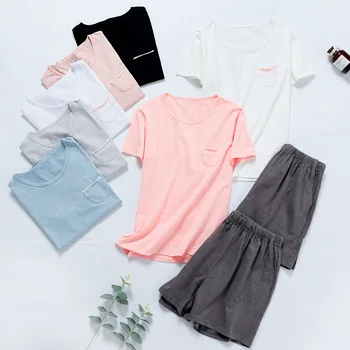 

Women's Slub Cotton Short-Sleeved Shorts Pajamas Summer Loose Casual Plus Size Sleepwear Round Neck Solid Pijama Mujer 2 Piece