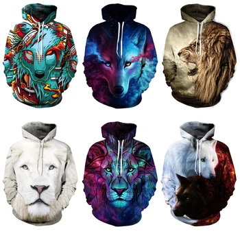 

Domineering Wolf Boys Hoodies Thin Style Polyester Lion Printing Hooded Kids Jacket Loose Drawstring Boy Sweatshirt Kids Clothes