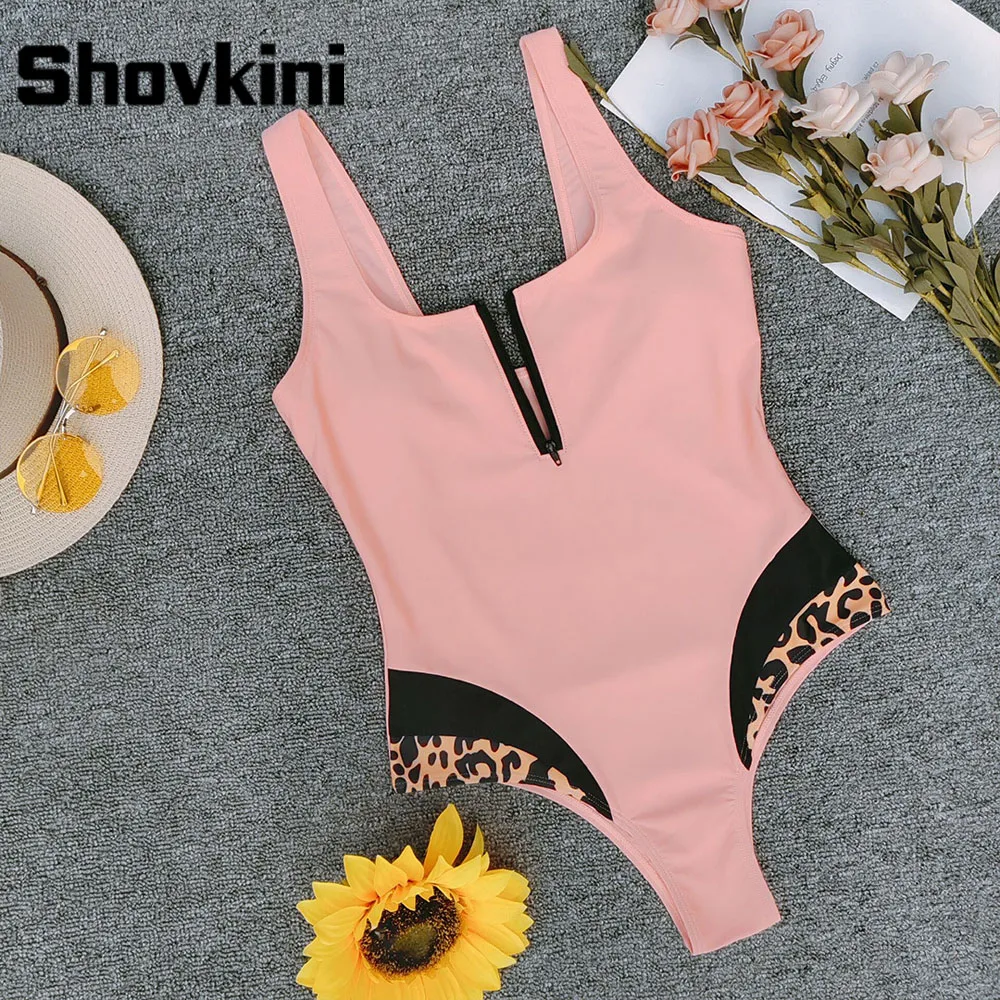 

Women Patchwork Pink Leopard Swimwear Sexy Front Zipper One Piece Swimsuit Female Bather High Cut Bathing Suit Push Up Monokini