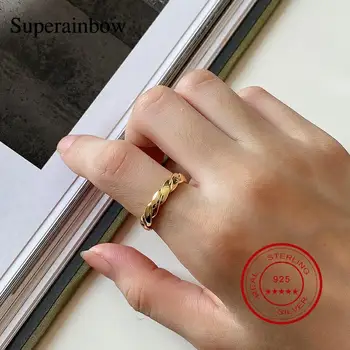 

SUPERAINBOW 925 Sterling Silver Handmade Twist Rope Line Gold Ring for Women open Size Finger Rings Jewelry SR-R21
