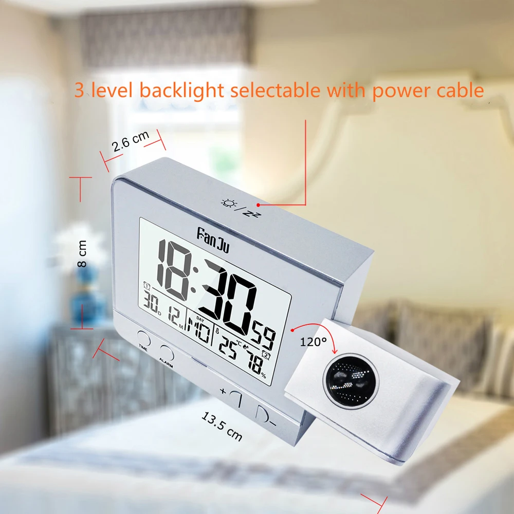 

Rotatable Digital Projection Clock Multifunctional LCD Clock Digital Date Snooze Function Backlight Projector Alarm Clock Gray