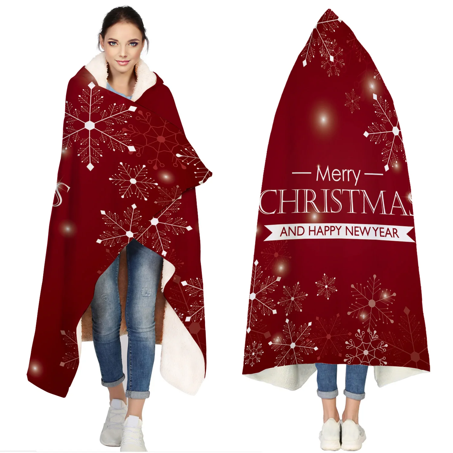 

Merry Christams And Happy New Year Portable Wearable Fluffy Custom Hooded Blanket Fleece Hooded Throw WrapBed Blanket