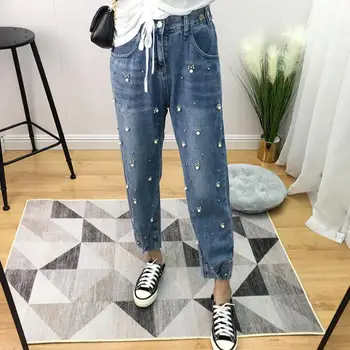

2020 spring autumn new fashion heavy work beaded elastic waist jeans women loose large size straight jeans r837