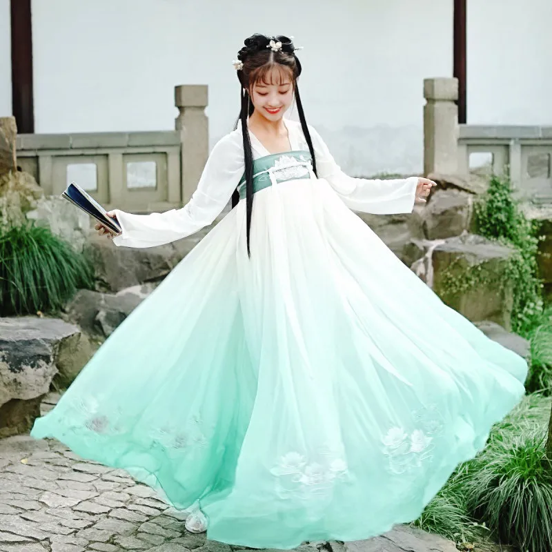 Костюмы для танца лотоса Hanfu для женщин, традиционный народный праздничный наряд, платье феи с вышивкой, сценическая одежда для выступлений DC2706