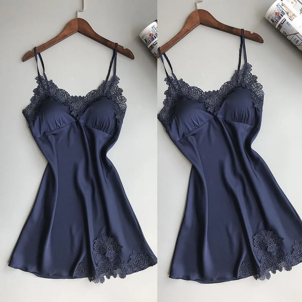 Модное женское сексуальное мягкое и удобное атласное кружевное ночное белье летняя ночная рубашка с v-образным вырезом однотонная