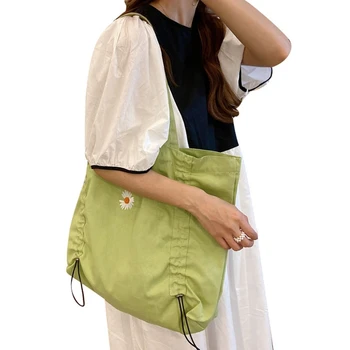 

Embroidered Little Daisy Women Shoulder Bags Canvas Handbags Large Capacity Ladies Beach Shopping Tote Bag