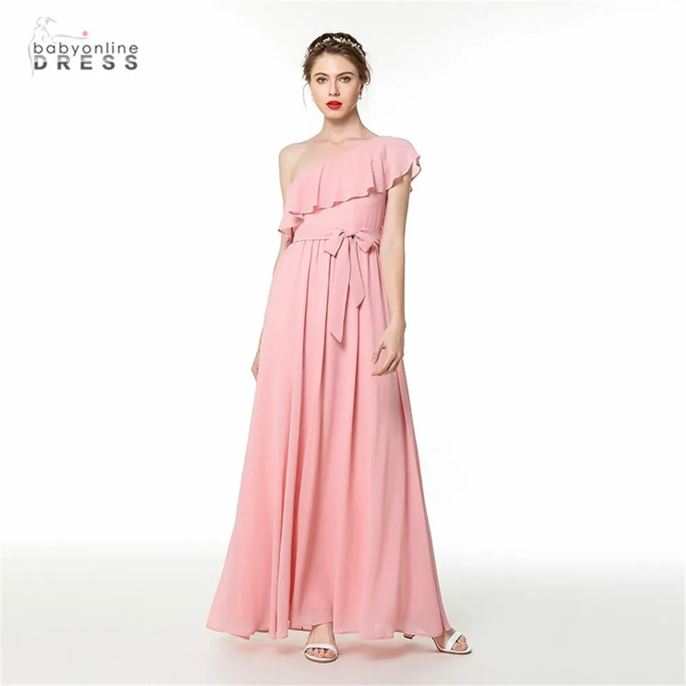 

Candy Pink Chiffon Long Evening Dress 2020 Draped Bow Tie One Shoulder Evening Gown A-line Abendkleider Robe De Soiree Longo