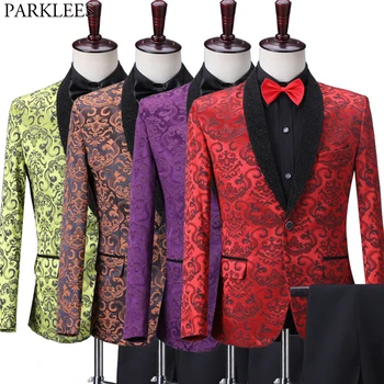 

Mens 2 Piece Dinner Tuxedo Suits Shawl Collar 1 Button Floral Jacquard Dress Suit Male Slim Fit Wedding Party Formal Outfit 4XL