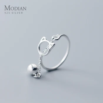 

Modian Cute Cat Long Chain Bells Ring for Women Fashion 925 Sterling Silver Minimalist Animal Free Size Ring Fine Jewelry Gift