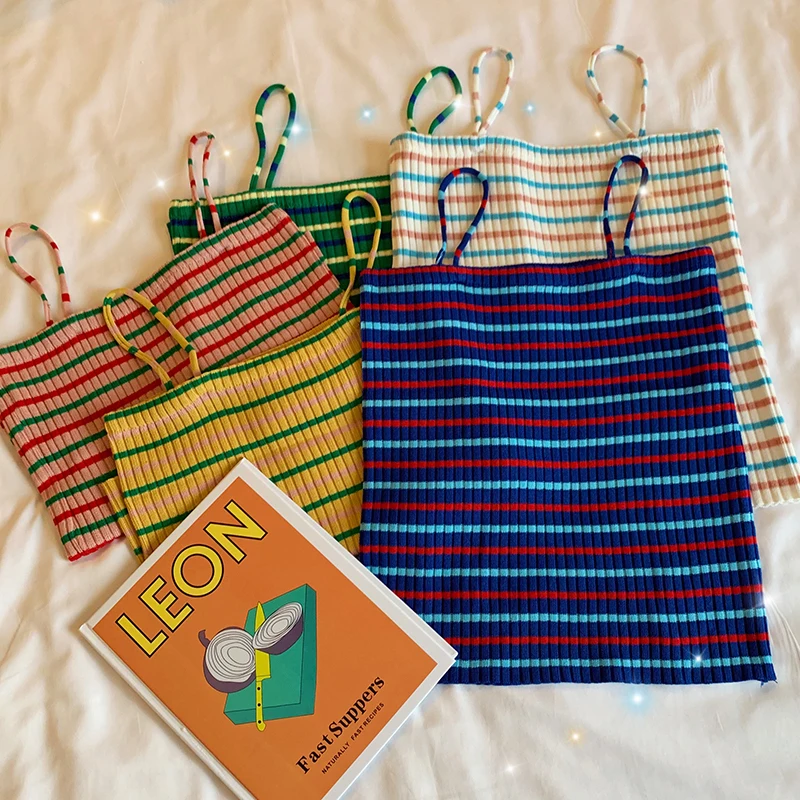 

Striped Tank Top Girls Knitted Knitwear Camisole Sleeveless Tee shirts Camis With Spaghetti Straps Summer Women Crop Tops 2020